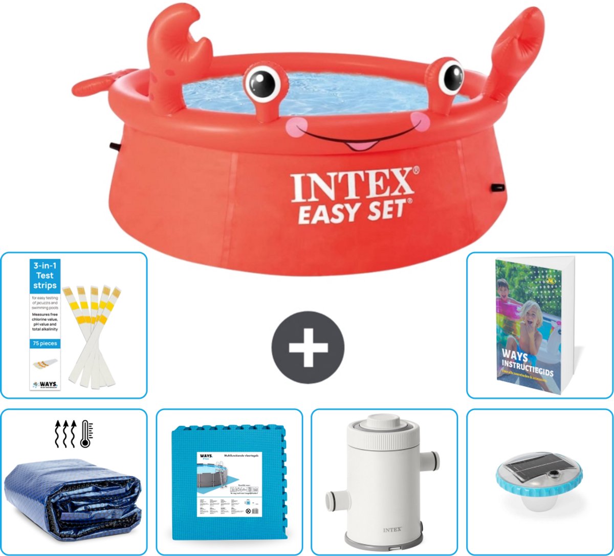 Intex Rond Opblaasbaar Easy Set Zwembad - 183 x 51 cm - Rood - Krab - Inclusief Solarzeil - Vloertegels - Zwembadfilterpomp - Verlichting - 7-delig