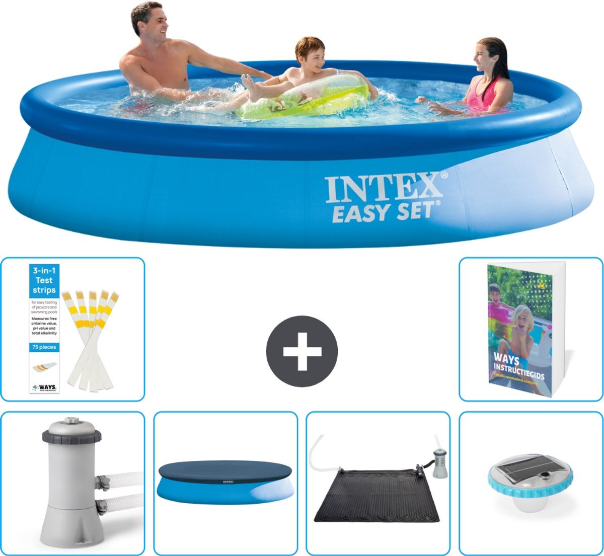 Intex Rond Opblaasbaar Easy Set Zwembad - 366 x 76 cm - Blauw - Inclusief Pomp - Afdekzeil - Solar Mat - Verlichting - 7-delig