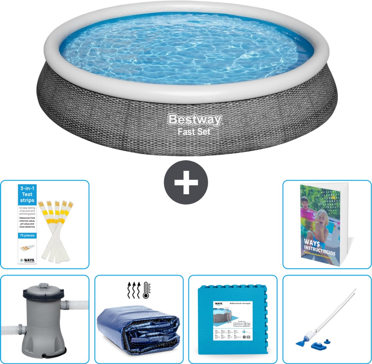 Bestway Rond Opblaasbaar Fast Set Zwembad - Rotanprint - 396 x 84 cm - Inclusief Pomp - Solarzeil - Vloertegels - Stofzuiger - 7-delig