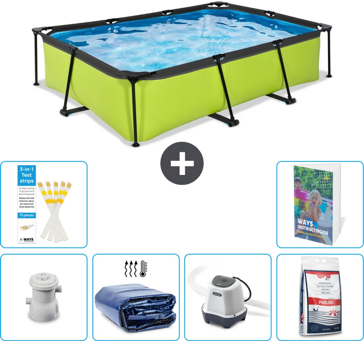 EXIT Rechthoekig Lime Frame Zwembad - 300 x 200 x 65 cm - Inclusief Pomp - Solarzeil - Zoutwatersysteem - Zwembadzout - 7-delig