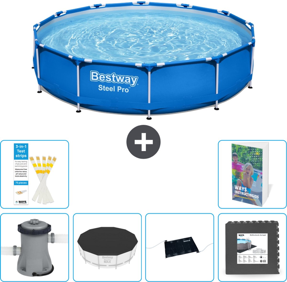 Bestway Rond Steel Pro Zwembad - 366 x 76 cm - Blauw - Inclusief Pomp - Afdekzeil - Solar Mat - Vloertegels - 7-delig