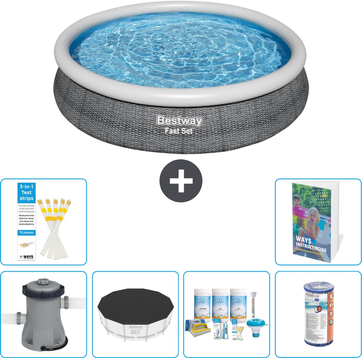 Bestway Rond Opblaasbaar Fast Set Zwembad - Rotanprint - 366 x 76 cm - Inclusief Pomp - Afdekzeil - Onderhoudspakket - Filter - 7-delig