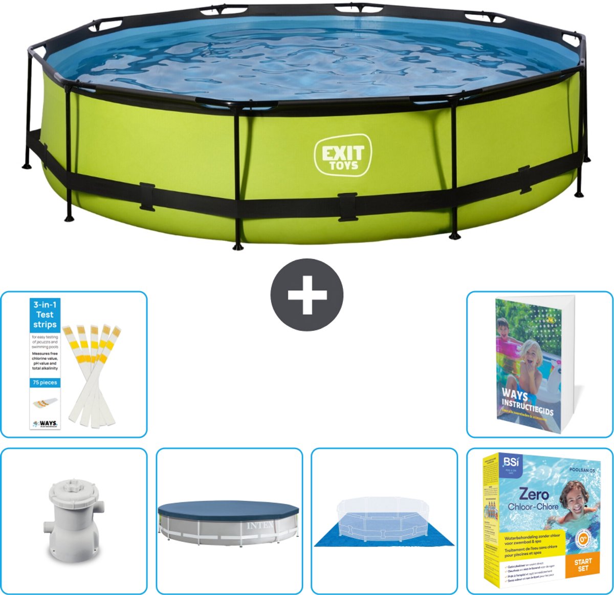 EXIT Rond Lime Frame Zwembad - 360 x 76 cm - Inclusief Pomp - Afdekzeil - Grondzeil - Onderhoudspakket - 7-delig