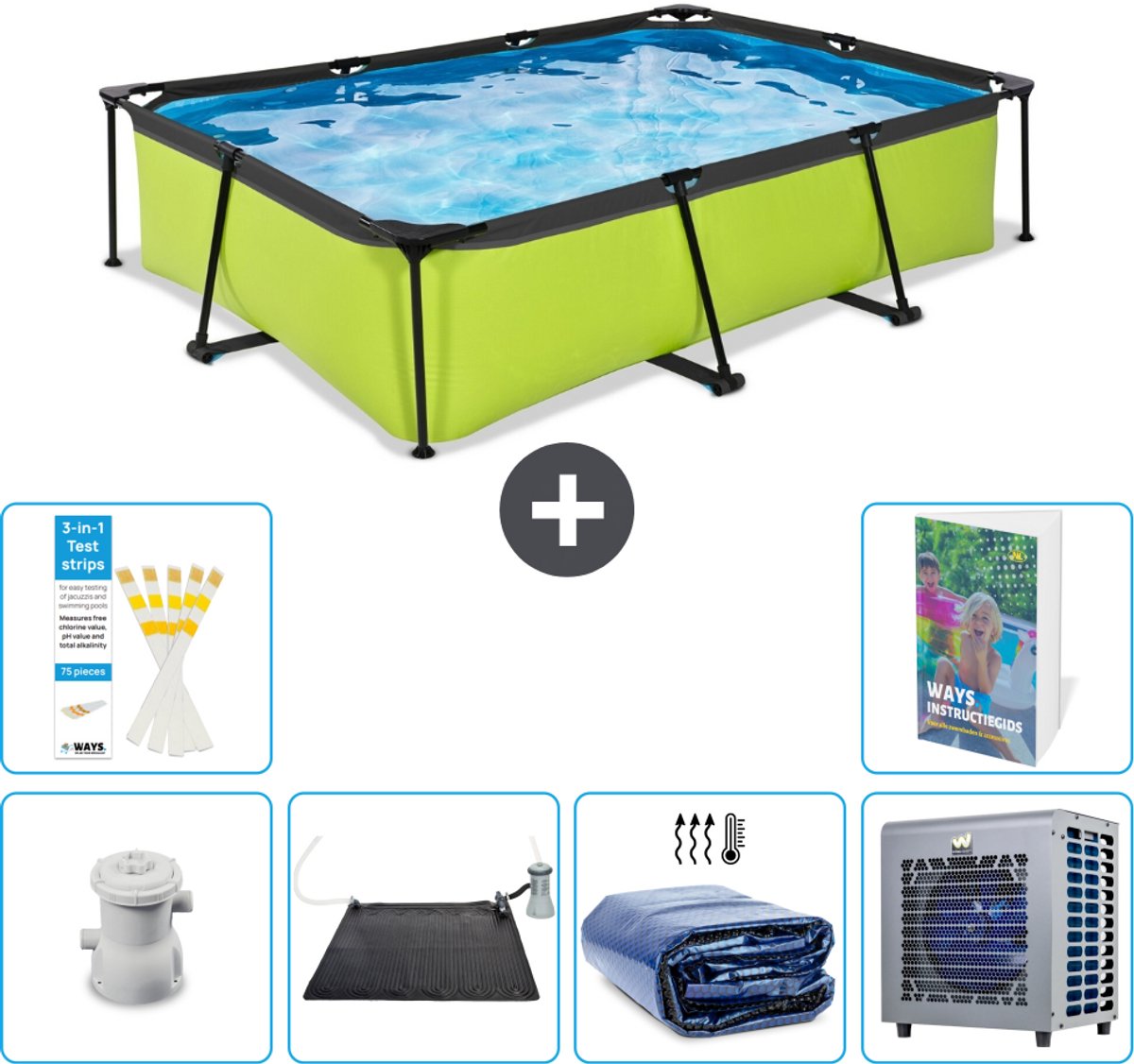 EXIT Rechthoekig Lime Frame Zwembad - 300 x 200 x 65 cm - Inclusief Pomp - Solar Mat - Solarzeil - Warmtepomp - 7-delig