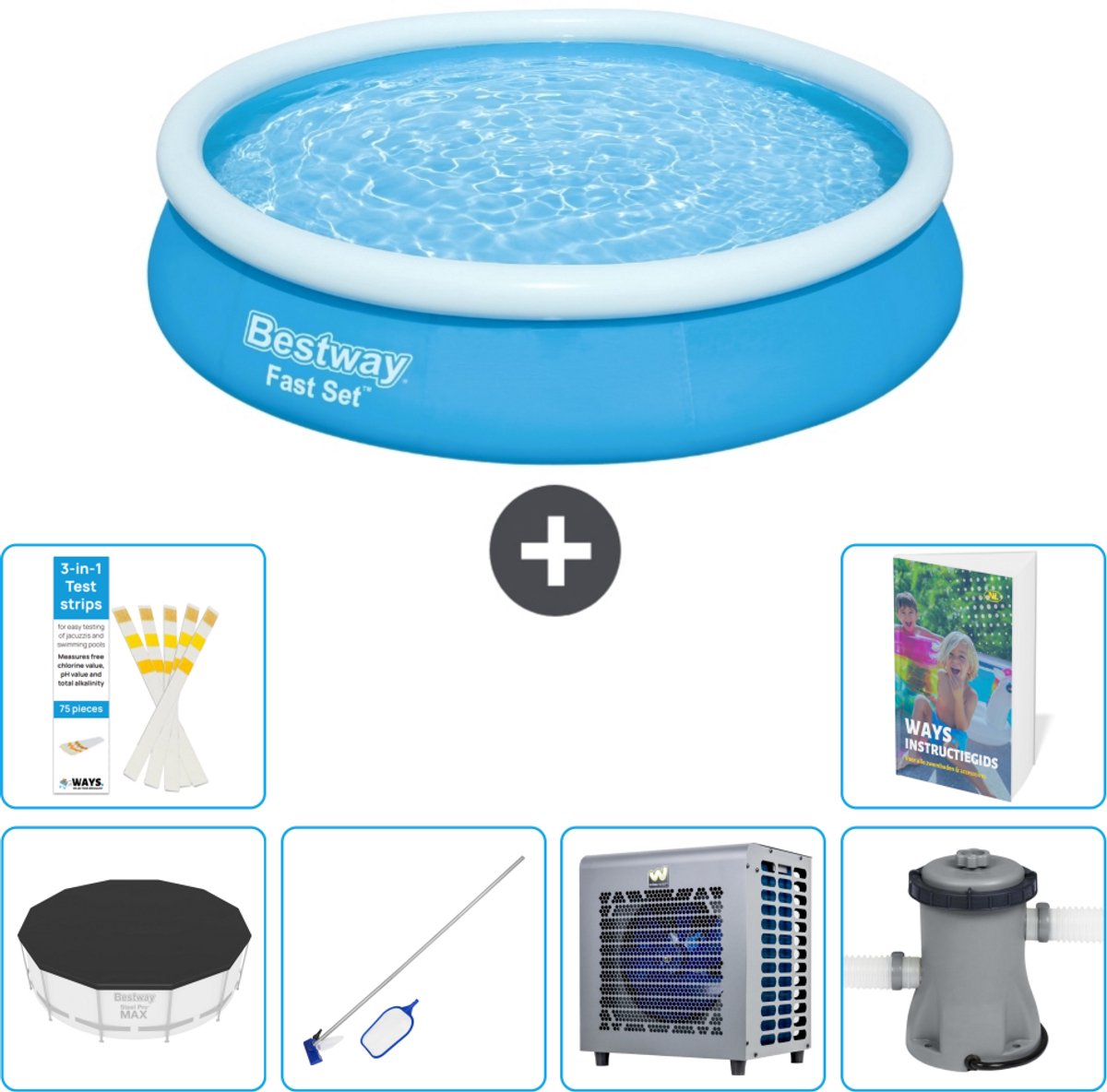 Bestway Rond Opblaasbaar Fast Set Zwembad - 366 x 76 cm - Blauw - Inclusief Afdekzeil - Schoonmaakset - Warmtepomp - Zwembadfilterpomp - 7-delig