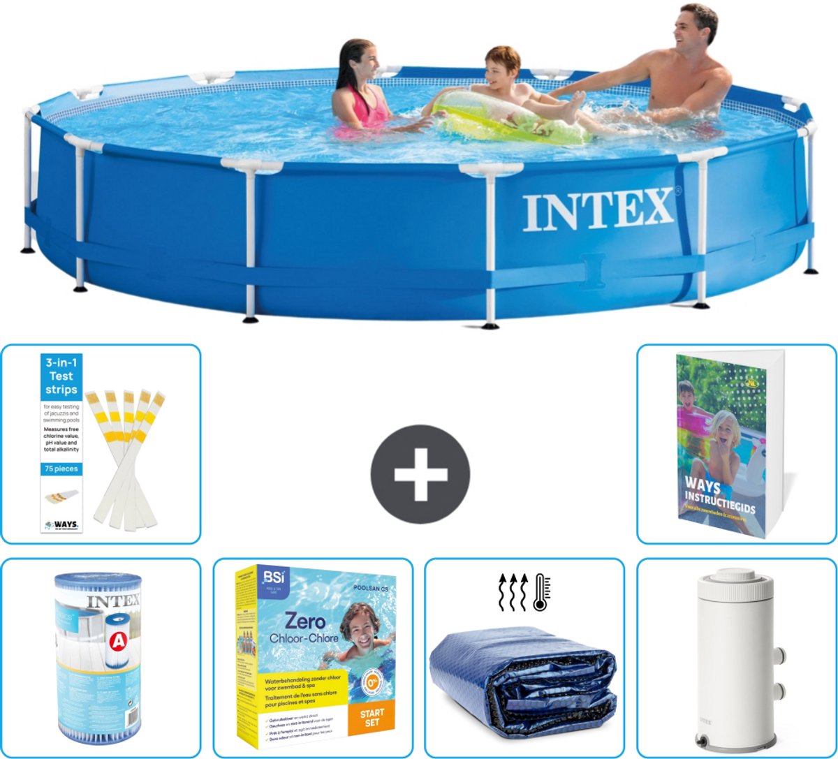Intex Rond Frame Zwembad - 366 x 76 cm - Blauw - Inclusief Filter - Onderhoudspakket - Solarzeil - Zwembadfilterpomp - 7-delig