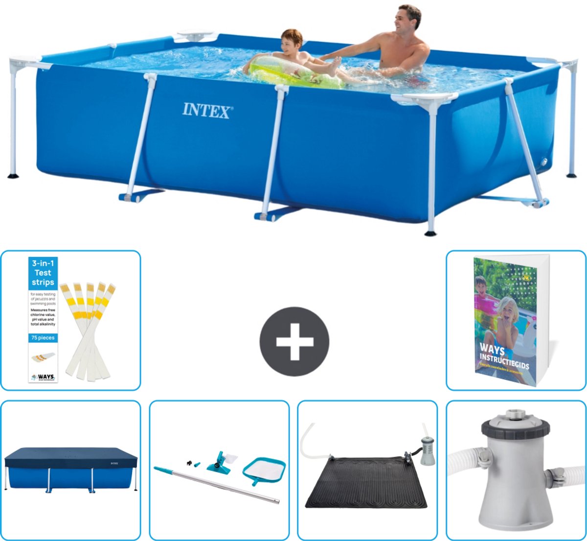 Intex Rechthoekig Frame Zwembad - 260 x 160 x 65 cm - Blauw - Inclusief Afdekzeil - Schoonmaakset - Solar Mat - Zwembadfilterpomp - 7-delig