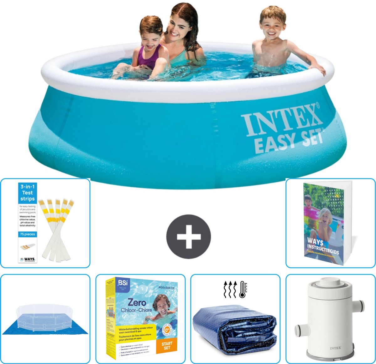 Intex Rond Opblaasbaar Easy Set Zwembad - 183 x 51 cm - Blauw - Inclusief Grondzeil - Onderhoudspakket - Solarzeil - Zwembadfilterpomp - 7-delig
