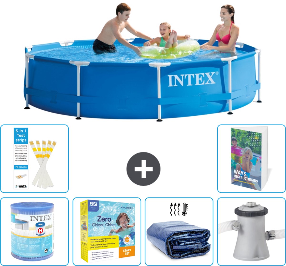 Intex Rond Frame Zwembad – 305 x 76 cm – Blauw – Inclusief Filter – Onderhoudspakket – Solarzeil – Zwembadfilterpomp – 7-delig