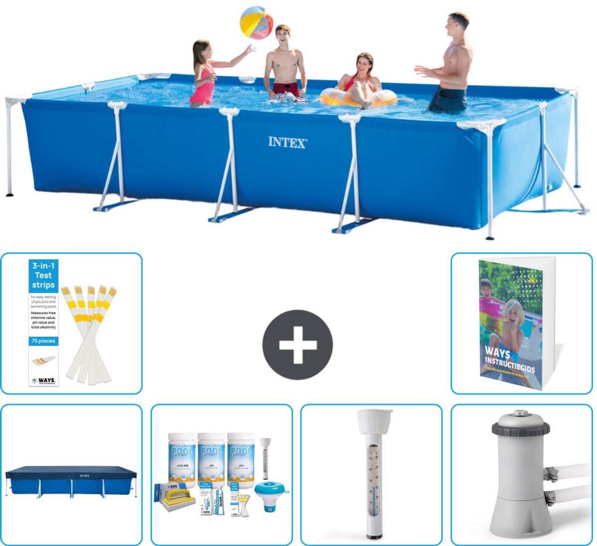 Intex Rechthoekig Frame Zwembad - 450 x 220 x 84 cm - Blauw - Inclusief Afdekzeil - Onderhoudspakket - Thermometer - Zwembadfilterpomp - 7-delig