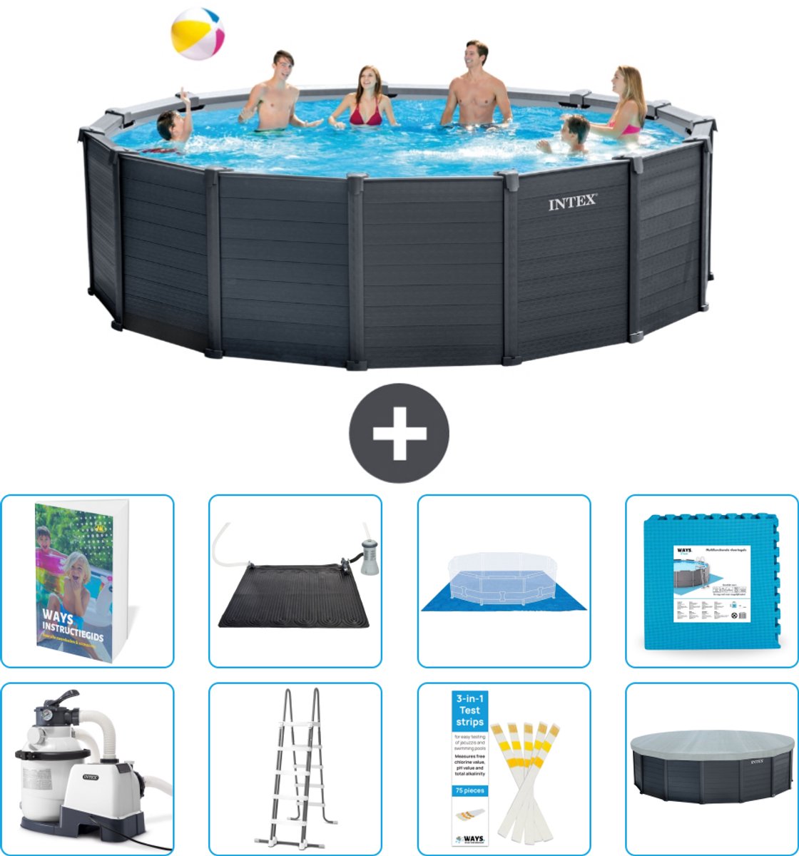 Intex Rond Graphite Gray Panel Zwembad - 478 x 124 cm - Inclusief Pomp - Ladder - Grondzeil - Afdekzeil - Solar Mat - Vloertegels - 9-delig