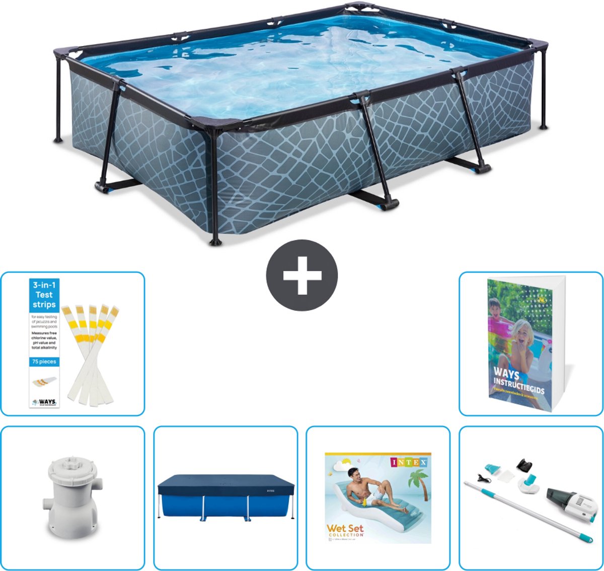 EXIT Rechthoekig Stone Frame Zwembad - 300 x 200 x 65 cm - Inclusief Pomp - Afdekzeil - Loungebed - Stofzuiger - 7-delig