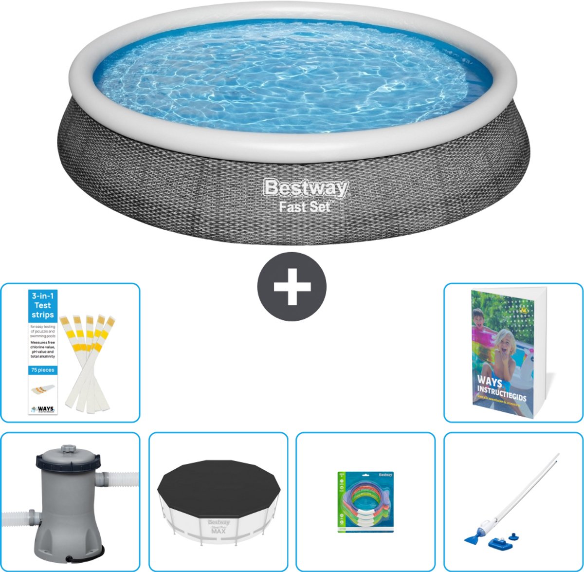 Bestway Rond Opblaasbaar Fast Set Zwembad - Rotanprint - 396 x 84 cm - Inclusief Pomp - Afdekzeil - Speelgoed - Stofzuiger - 7-delig