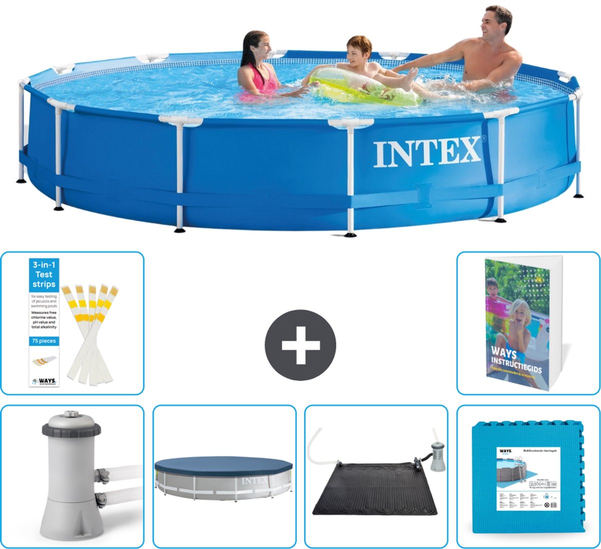Intex Rond Frame Zwembad - 366 x 76 cm - Blauw - Inclusief Pomp - Afdekzeil - Solar Mat - Vloertegels - 7-delig