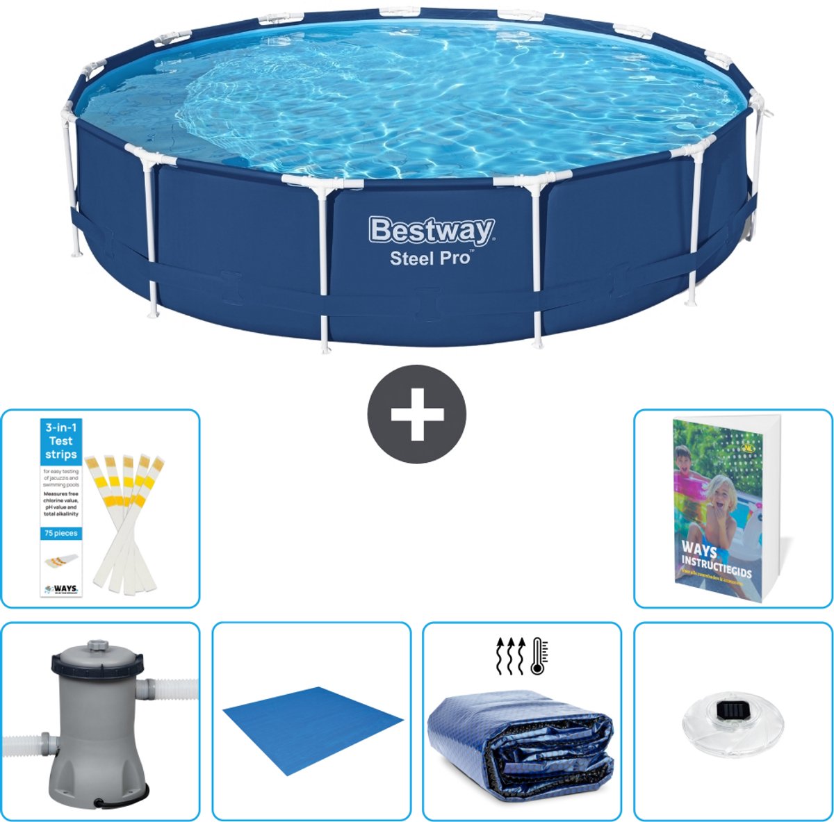 Bestway Rond Steel Pro Zwembad - 396 x 84 cm - Blauw - Inclusief Pomp - Grondzeil - Solarzeil - Verlichting - 7-delig