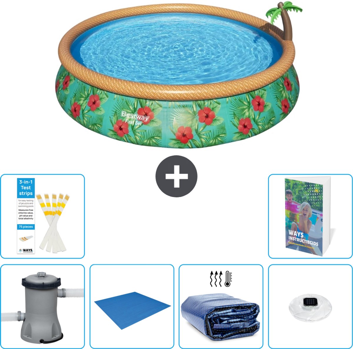 Bestway Rond Opblaasbaar Fast Set Zwembad - Paradijsprint - 457 x 84 cm - Inclusief Pomp - Grondzeil - Solarzeil - Verlichting - 7-delig