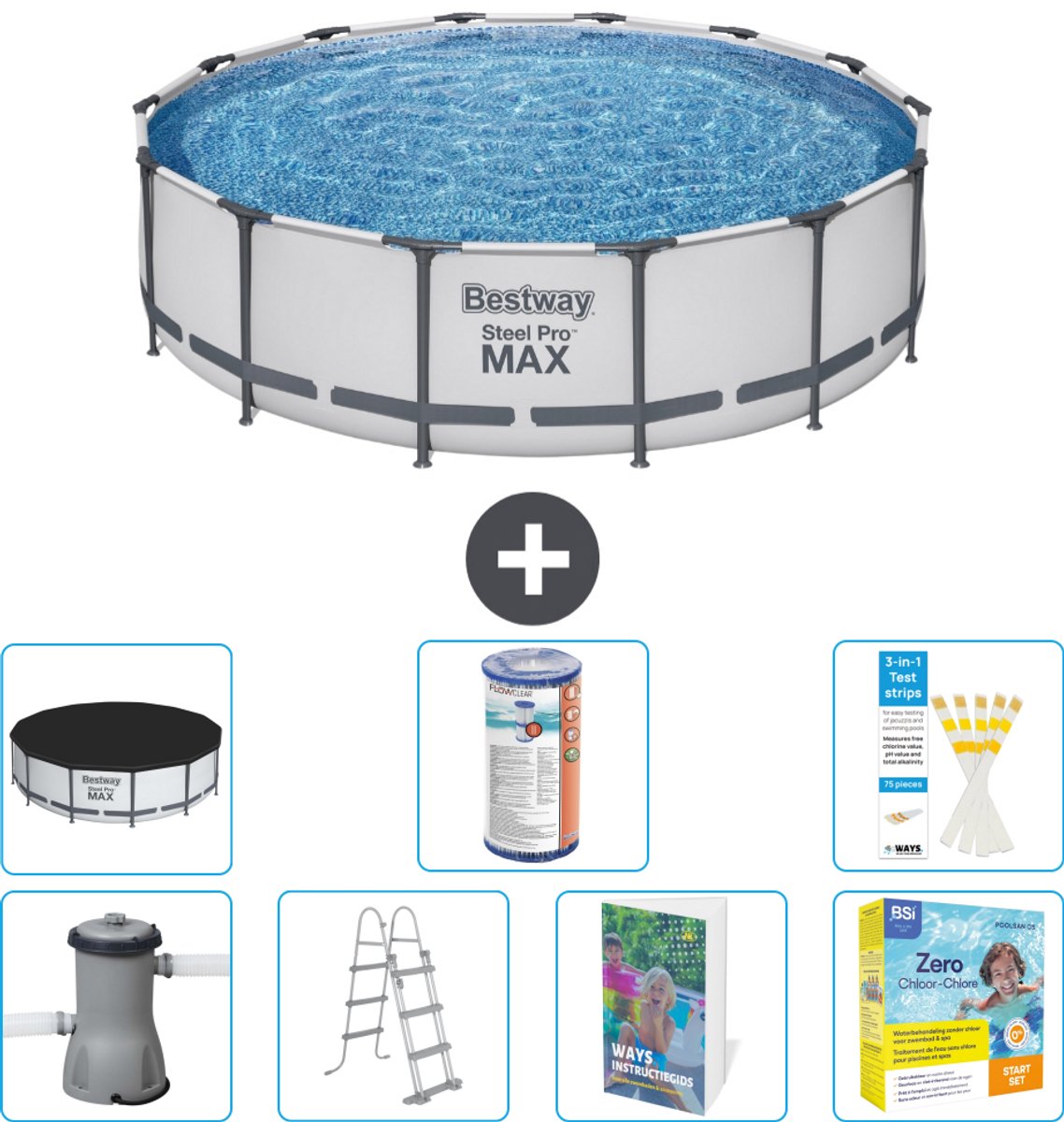 Bestway Rond Steel Pro MAX Zwembad - 427 x 107 cm - Grijs - Inclusief Pomp - Ladder - Afdekzeil - Filter - Onderhoudspakket - 8-delig