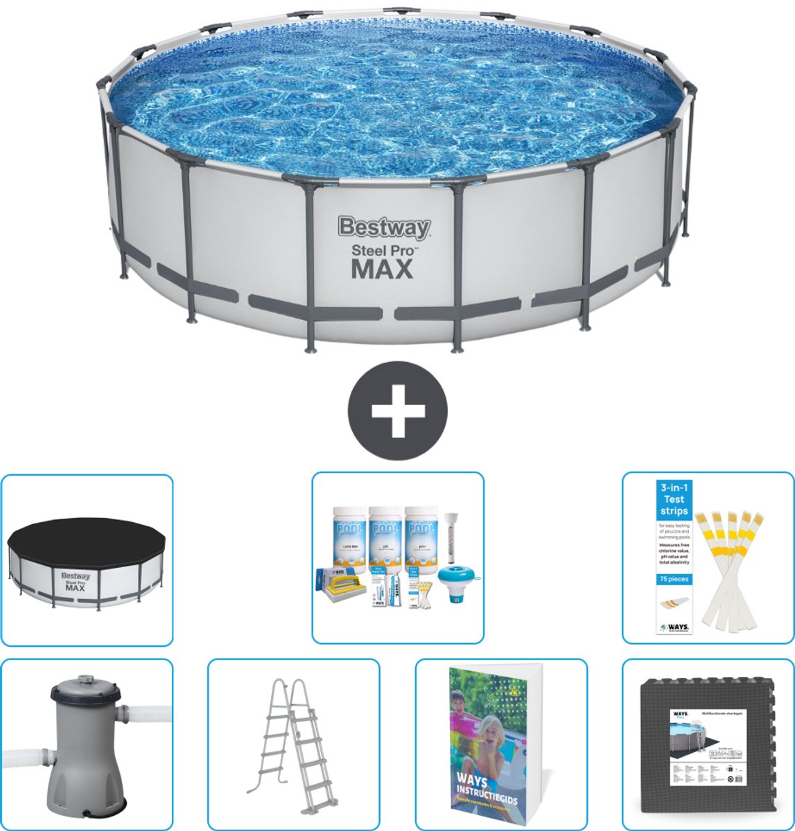 Bestway Rond Steel Pro MAX Zwembad - 457 x 122 cm - Grijs - Inclusief Pomp - Ladder - Afdekzeil - Onderhoudspakket - Vloertegels - 8-delig