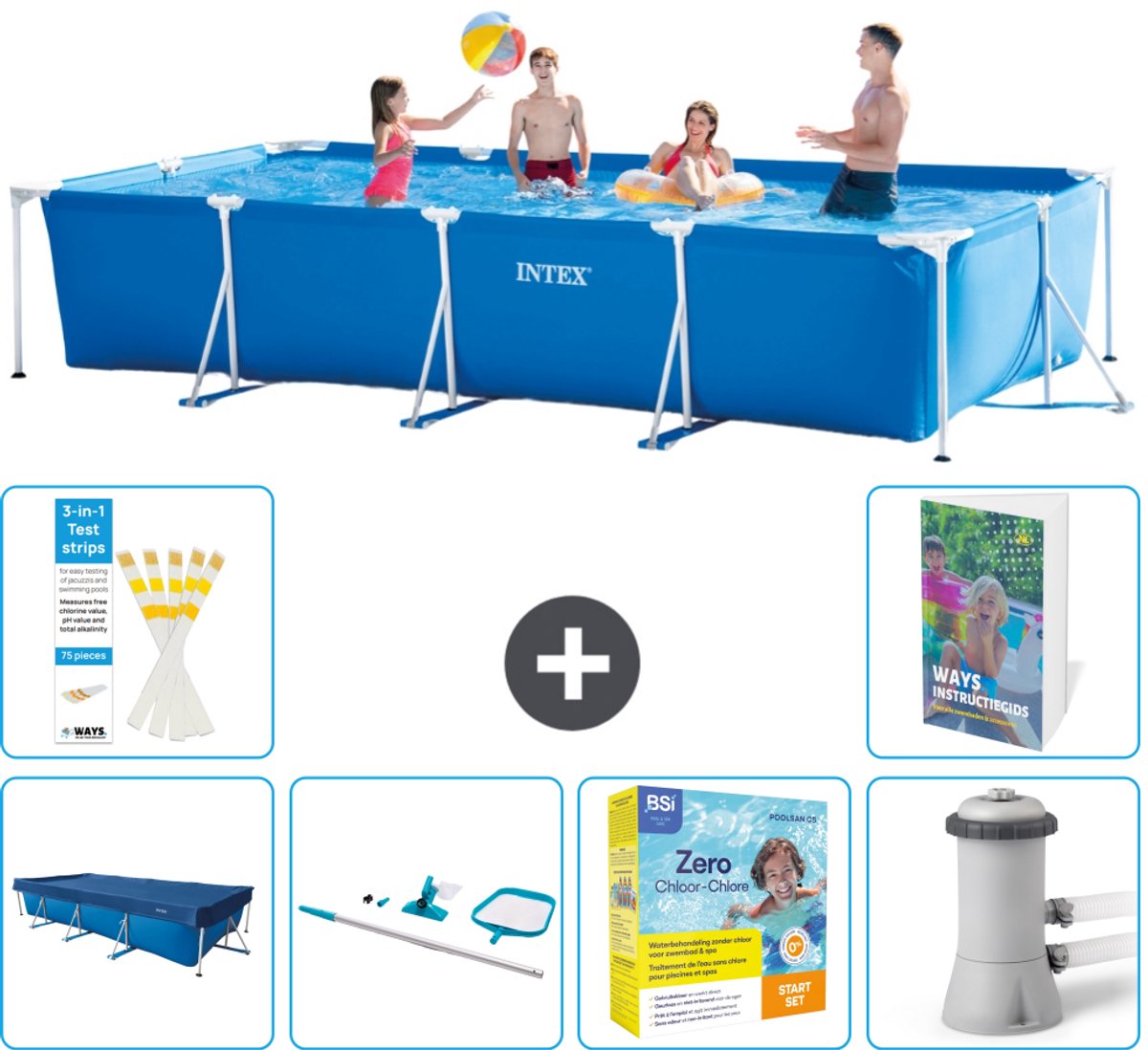 Intex Rechthoekig Frame Zwembad - 450 x 220 x 84 cm - Blauw - Inclusief Afdekzeil - Schoonmaakset - Onderhoudspakket - Zwembadfilterpomp - 7-delig