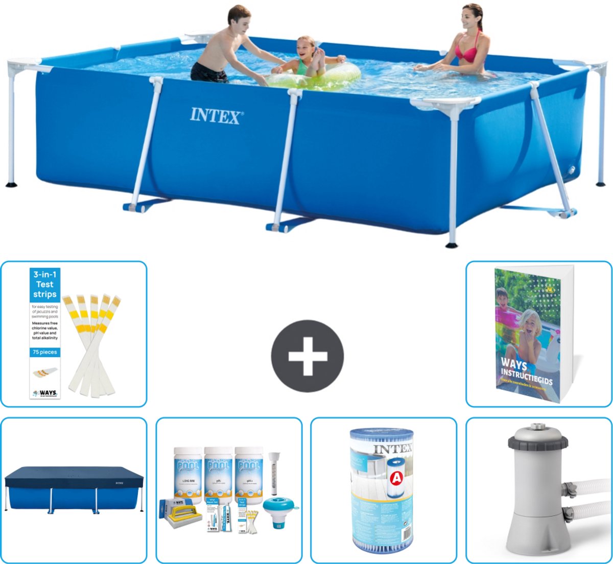 Intex Rechthoekig Frame Zwembad - 300 x 200 x 75 cm - Blauw - Inclusief Afdekzeil - Onderhoudspakket - Filter - Zwembadfilterpomp - 7-delig