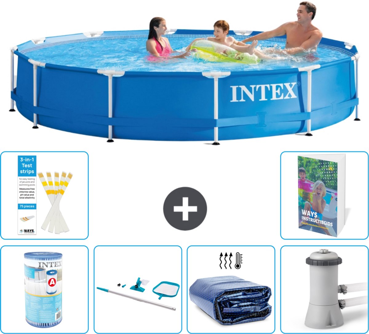 Intex Rond Frame Zwembad - 366 x 76 cm - Blauw - Inclusief Filter - Schoonmaakset - Solarzeil - Zwembadfilterpomp - 7-delig
