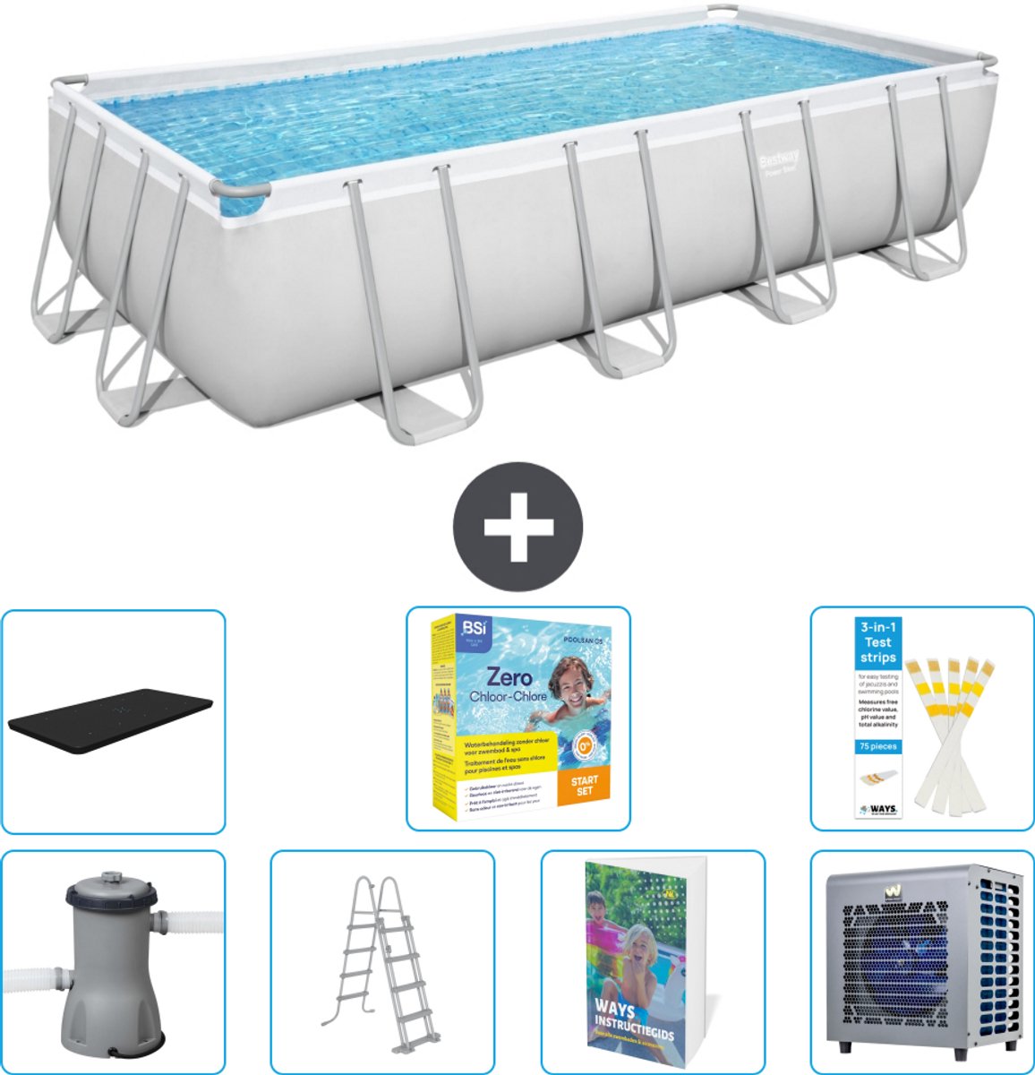 Bestway Rechthoekig Power Steel Zwembad - 488 x 244 x 122 - Grijs Inclusief Pomp - Ladder - Afdekzeil - Onderhoudspakket - Warmtepomp - 8-delig
