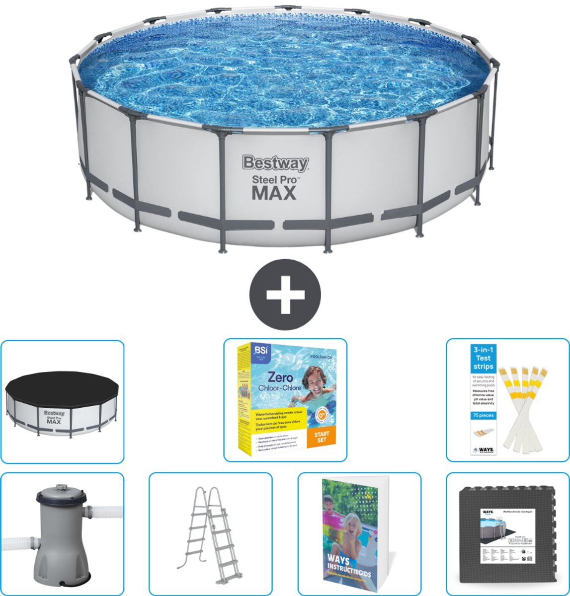 Bestway Rond Steel Pro MAX Zwembad - 457 x 122 cm - Grijs - Inclusief Pomp - Ladder - Afdekzeil - Onderhoudspakket - Vloertegels - 8-delig