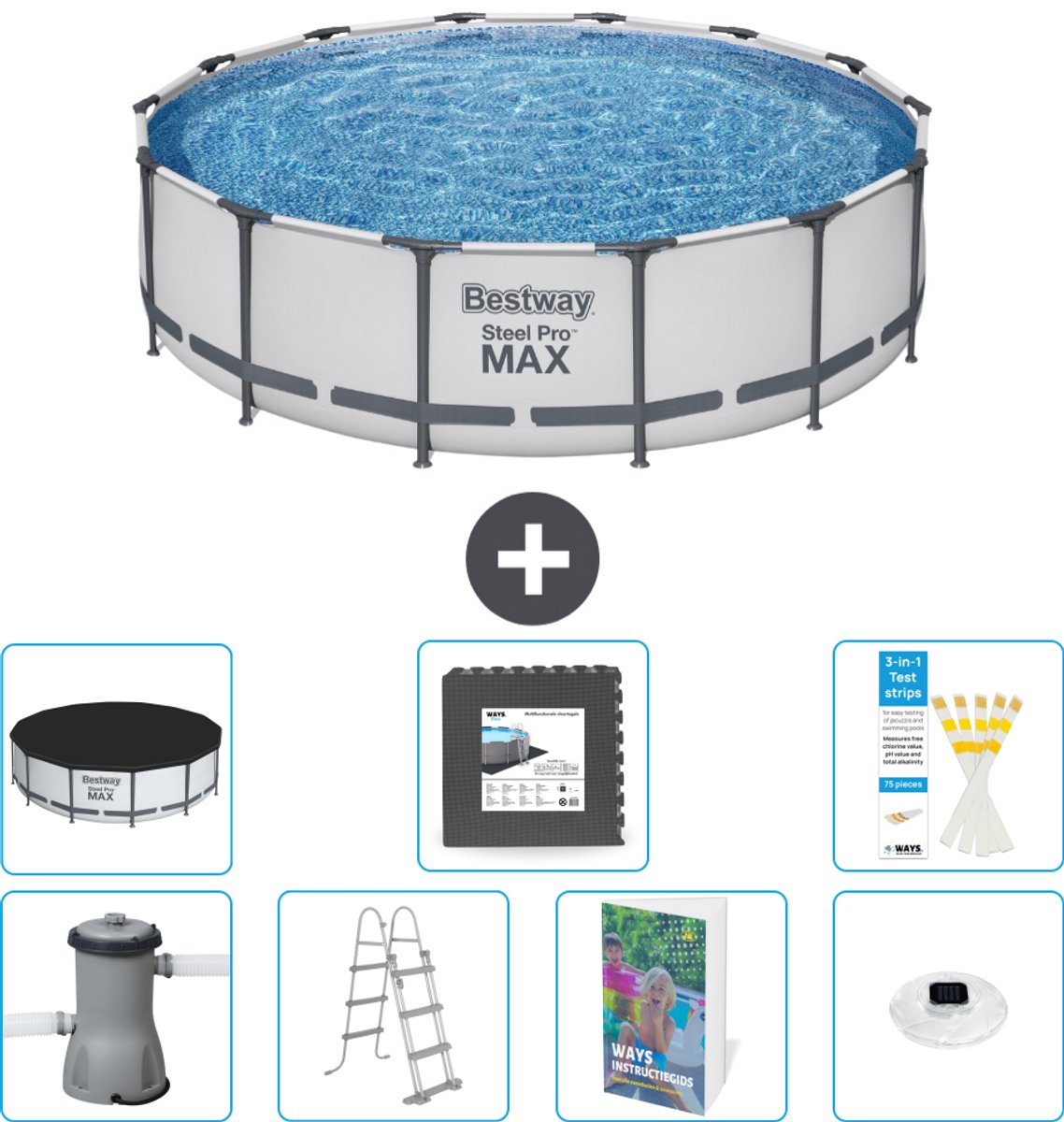 Bestway Rond Steel Pro MAX Zwembad - 427 x 107 cm - Grijs - Inclusief Pomp - Ladder - Afdekzeil - Vloertegels - Verlichting - 8-delig