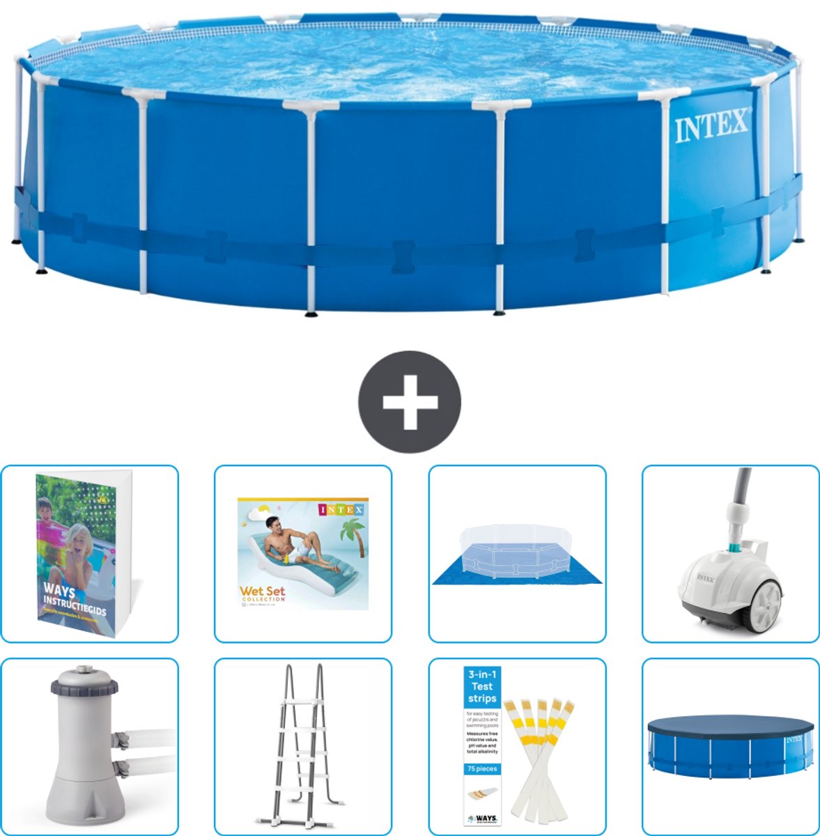 Intex Rond Frame Zwembad - 457 x 122 cm - Blauw - Inclusief Pomp - Ladder - Grondzeil - Afdekzeil - Loungebed - Stofzuiger - 9-delig