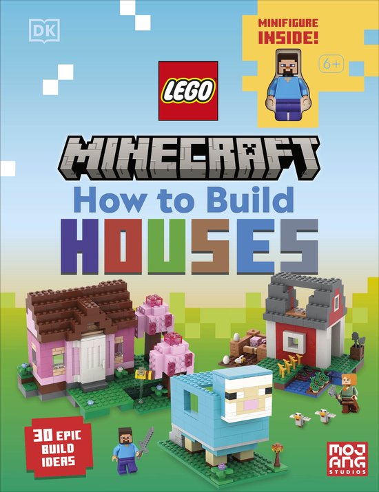 Livre LEGO Minecraft 'How to Build HOUSES' avec images de 3 bâtiments et un mouton, "MINIFIGURE INSIDE!"