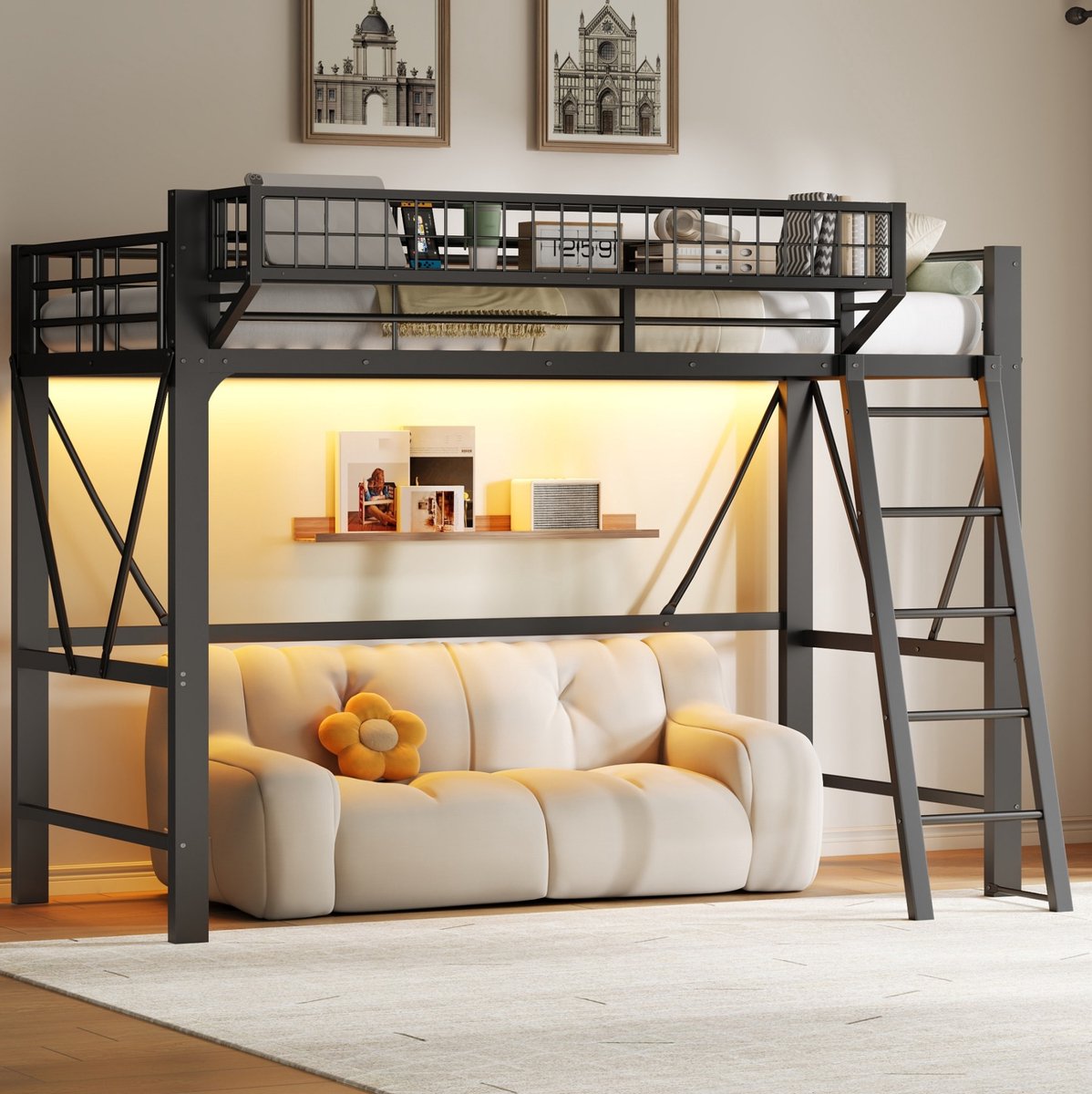 MIVRAY Hoogslaper 90x200 cm Zonder Matras - Met Led Verlichting En Opbergruimte - Met Ladder En Uitvalbeveiliging - Metaal - Zwart
