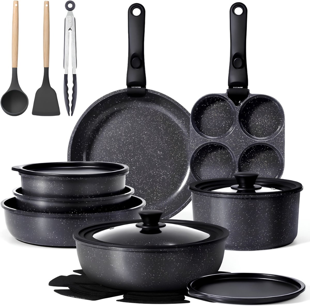 Lìon® Pannenset - 21 Stuks Pannen - Pan Set - Zwart - 52cm x 38cm x 25cm