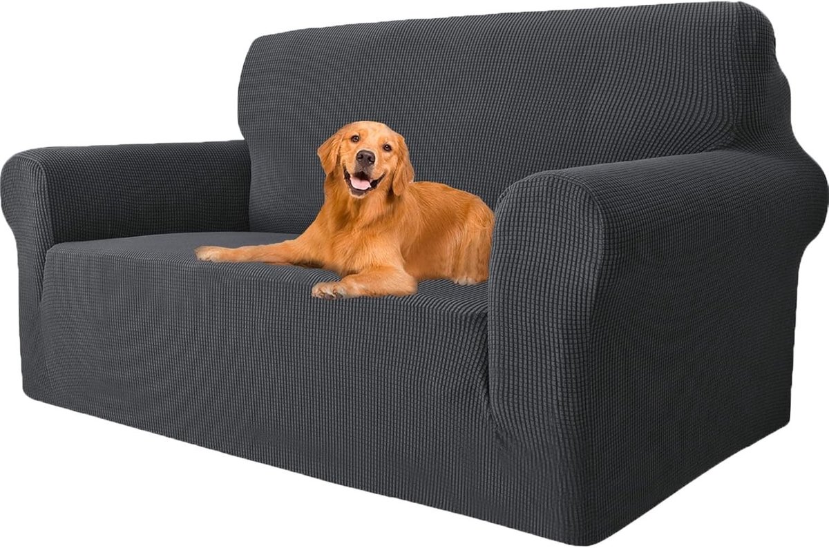 Stretch Sofa Cover 2 Zits, Universele Hoes met Armleuningen, Elastische Bescherming voor Woonkamer, Krabbestendig en Huisdier Vriendelijk, Donkergrijs en Stijlvol
