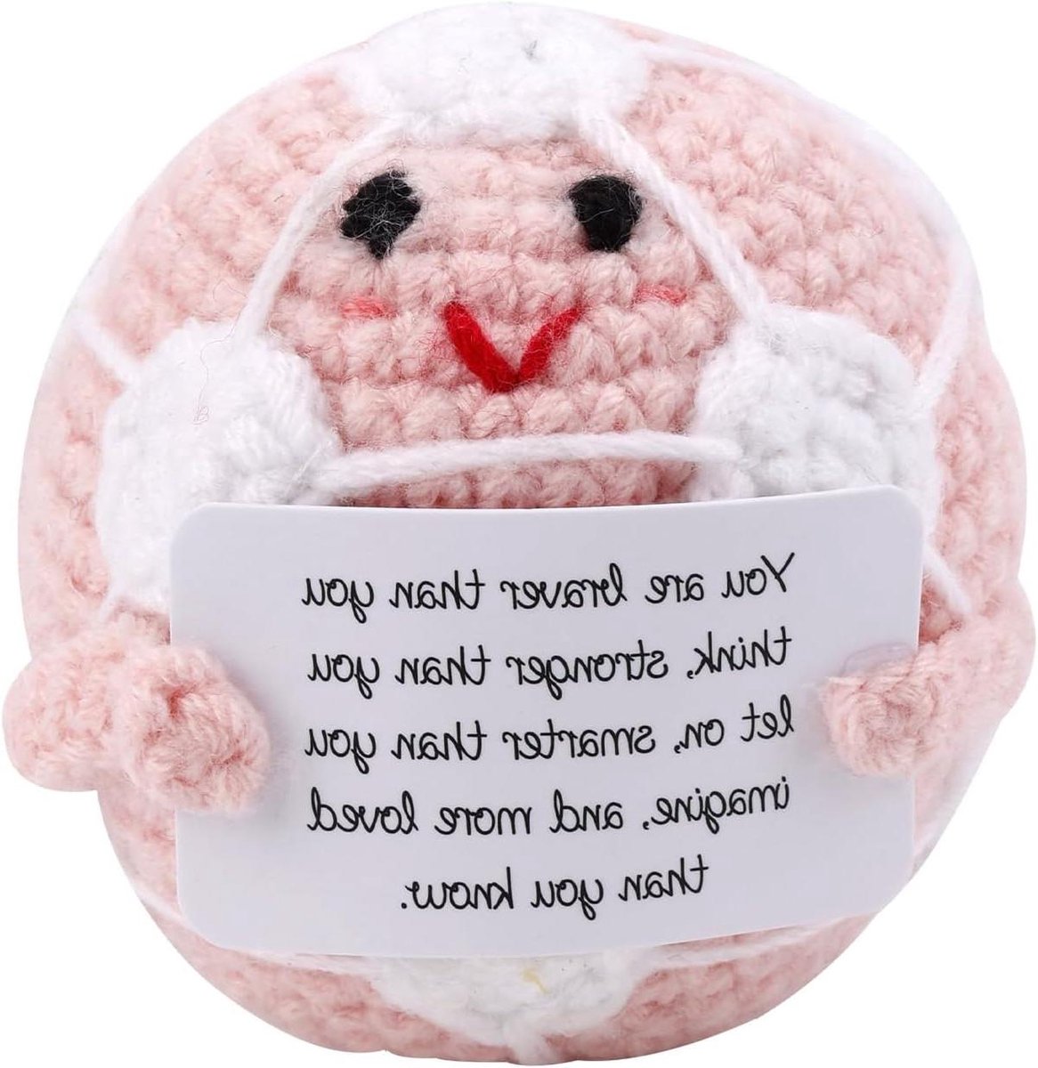 Gebreide Voetbalpop - Positieve Pop - Cadeau Geven - Met Aanmoedigingskaart - 7x7cm - Roze Wit