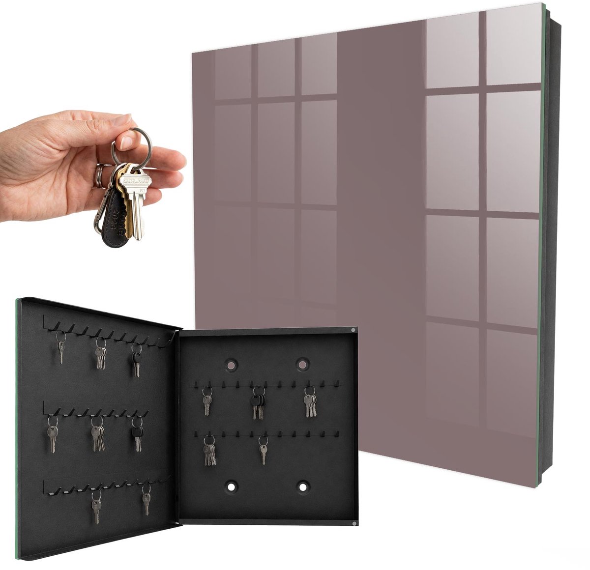 WallMuralia - Sleutelkast - 30x30x5 cm - met 50 haken - Asbruin Sleutelkastje Gang - Bruin Sleutelbox - Linksopenend - Zwart interieur