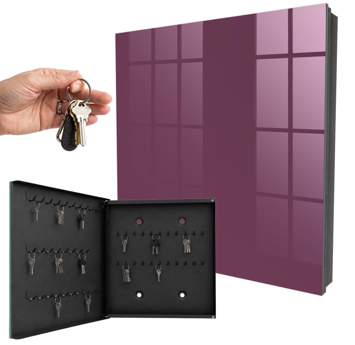 WallMuralia - Sleutelkast - 30x30x5 cm - met 50 haken - Kleur Bordeauxrood Groot Sleutelkastje - Bordeaux Sleutelbox - Linksopenend - Zwart interieur