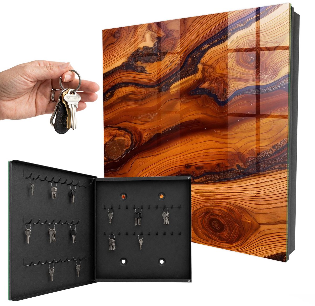 WallMuralia - Sleutelkast - 30x30x5 cm - met 50 haken - Houtessentie Design Sleutelkastje - Bruin Sleutelbox - Linksopenend - Zwart interieur