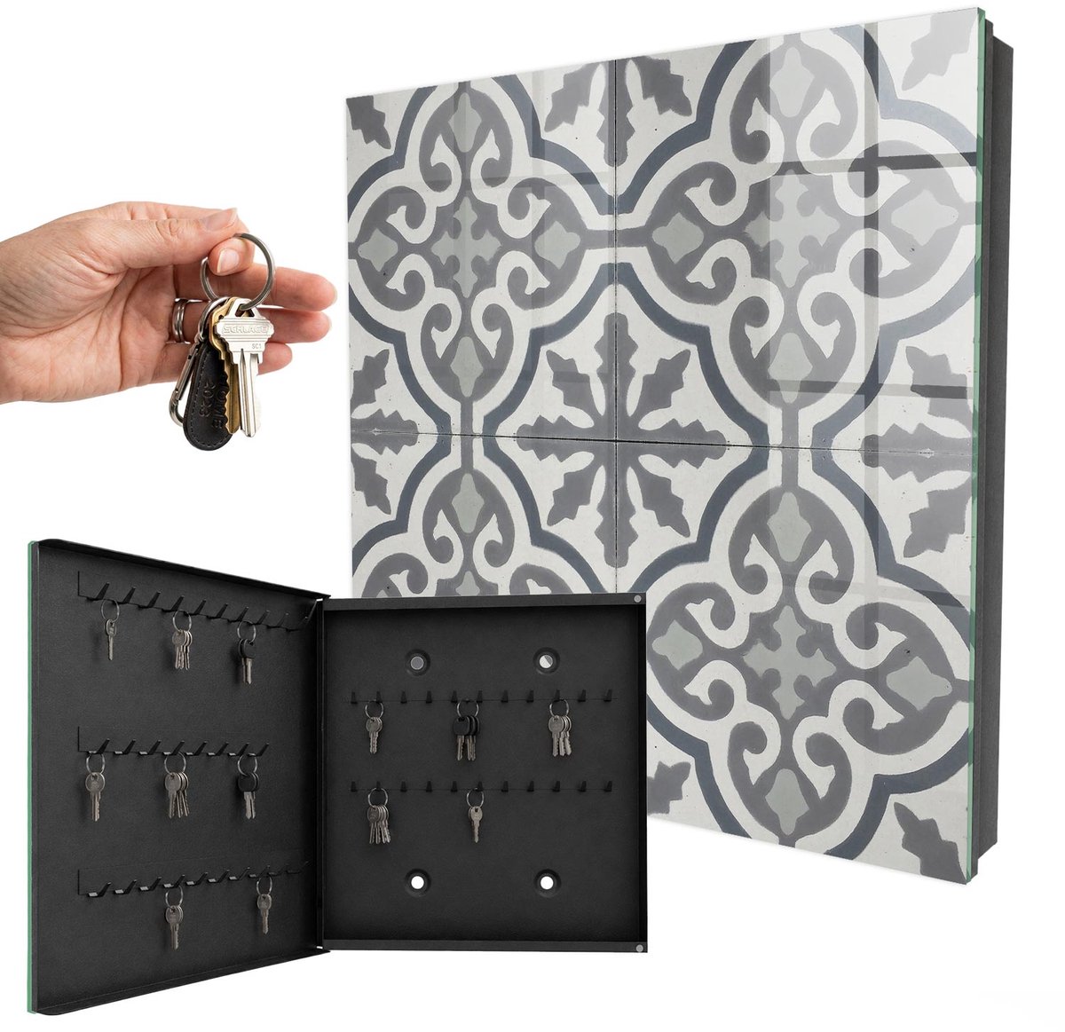 WallMuralia - Sleutelkast - 30x30x5 cm - met 50 haken - Geometrisch Patroon Leuk Sleutelkastje - Grijs Sleutelbox - Linksopenend - Zwart interieur