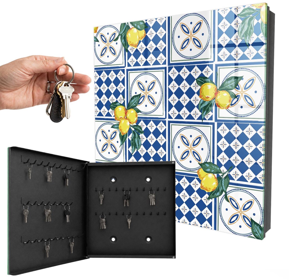 WallMuralia - Sleutelkast - 30x30x5 cm - met 50 haken - Citroentegels Sleutelkastje Binnen - Blauw Sleutelbox - Linksopenend - Zwart interieur