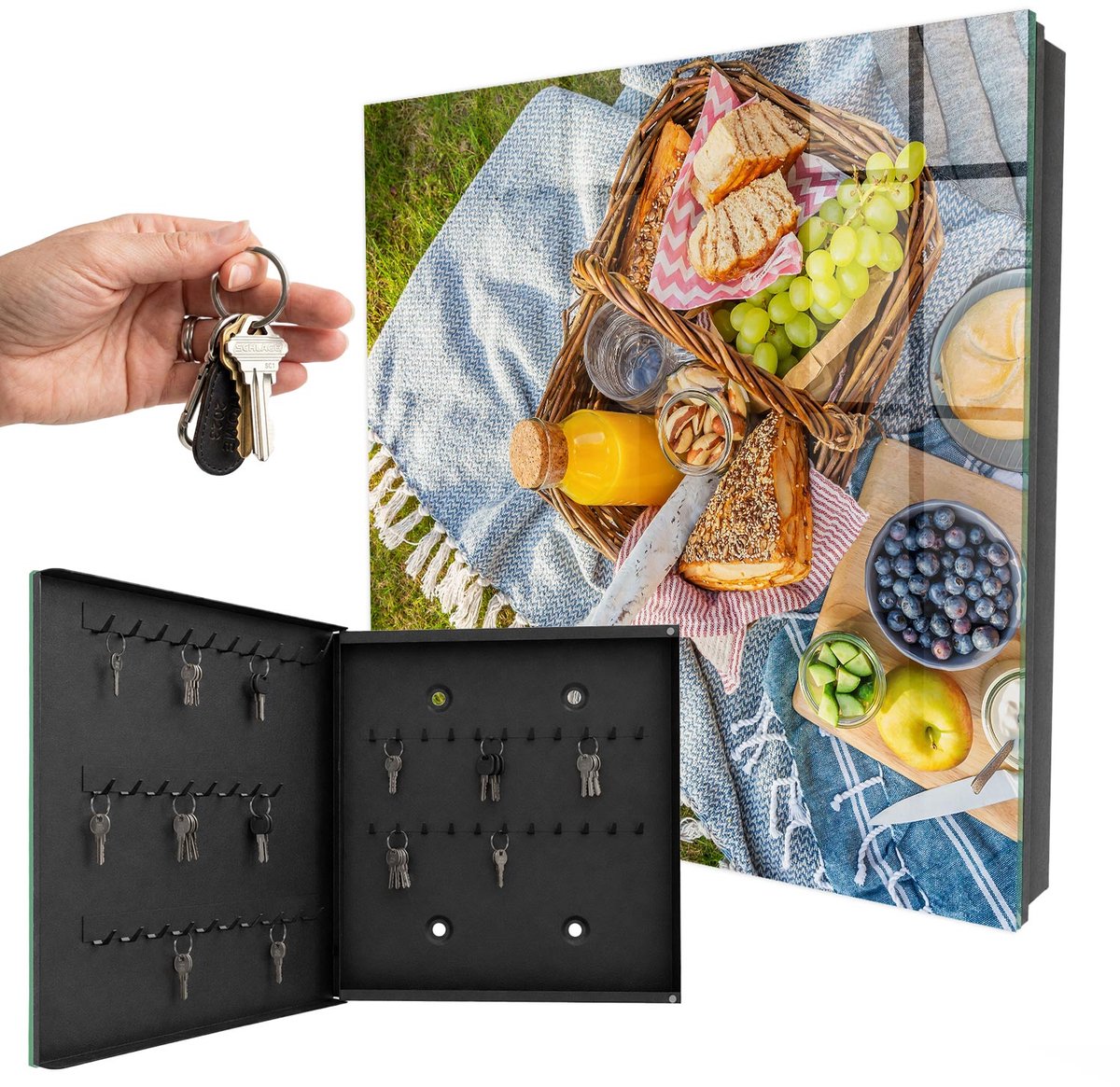 WallMuralia - Sleutelkast - 30x30x5 cm - met 50 haken - Een Idyllische Picknick Sleutelkastje - Groente Sleutelbox - Linksopenend - Zwart interieur