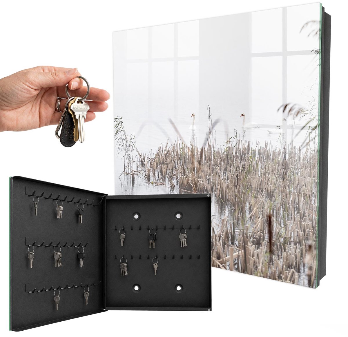 WallMuralia - Sleutelkast - 30x30x5 cm - met 50 haken - Mistige Kalmte Sleutelkastje Modern - Wit Sleutelbox - Linksopenend - Zwart interieur