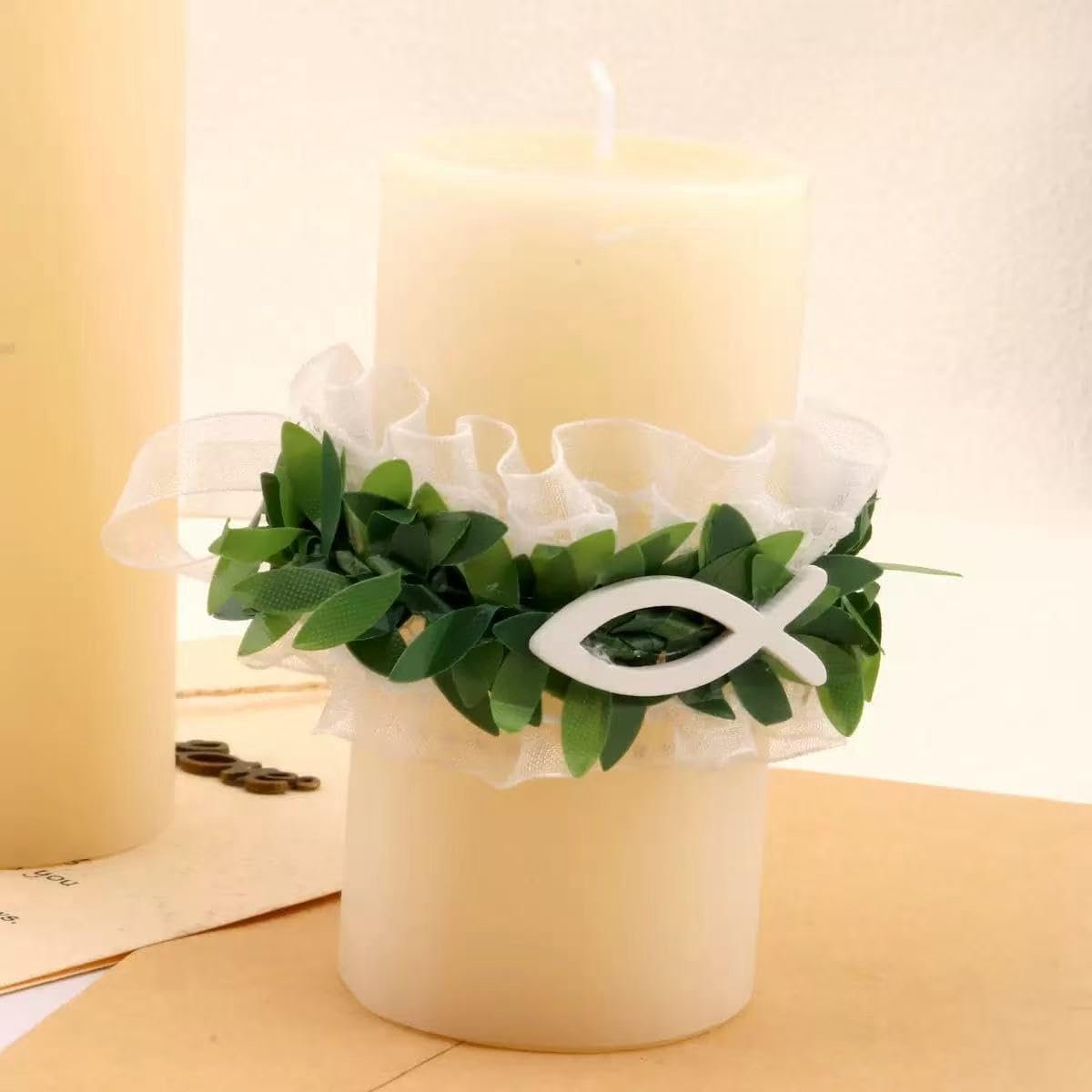 doopkaars, Ichthys Jezus vis doopkaars met organza ruches en groen, eerste heilige communie religieuze kaars, katholieke devotionele gebedskaars, doop aandenken cadeau