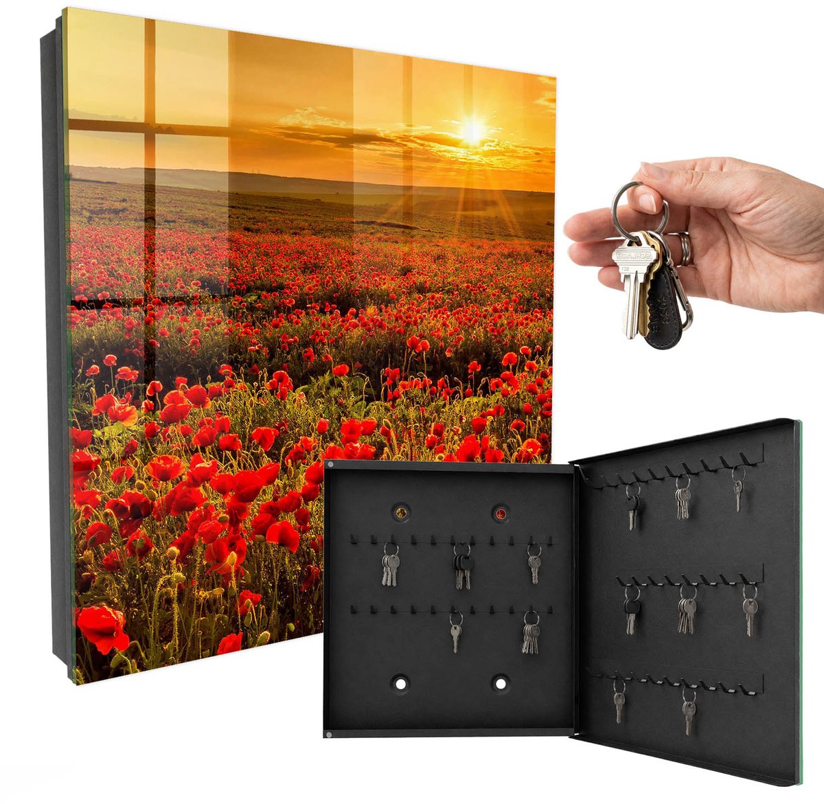 WallMuralia - Sleutelkast - 30x30x5 cm - met 50 haken - Klaprozenvelden Leuk Sleutelkastje - Rood Sleutelbox - Rechtsopenend - Zwart interieur