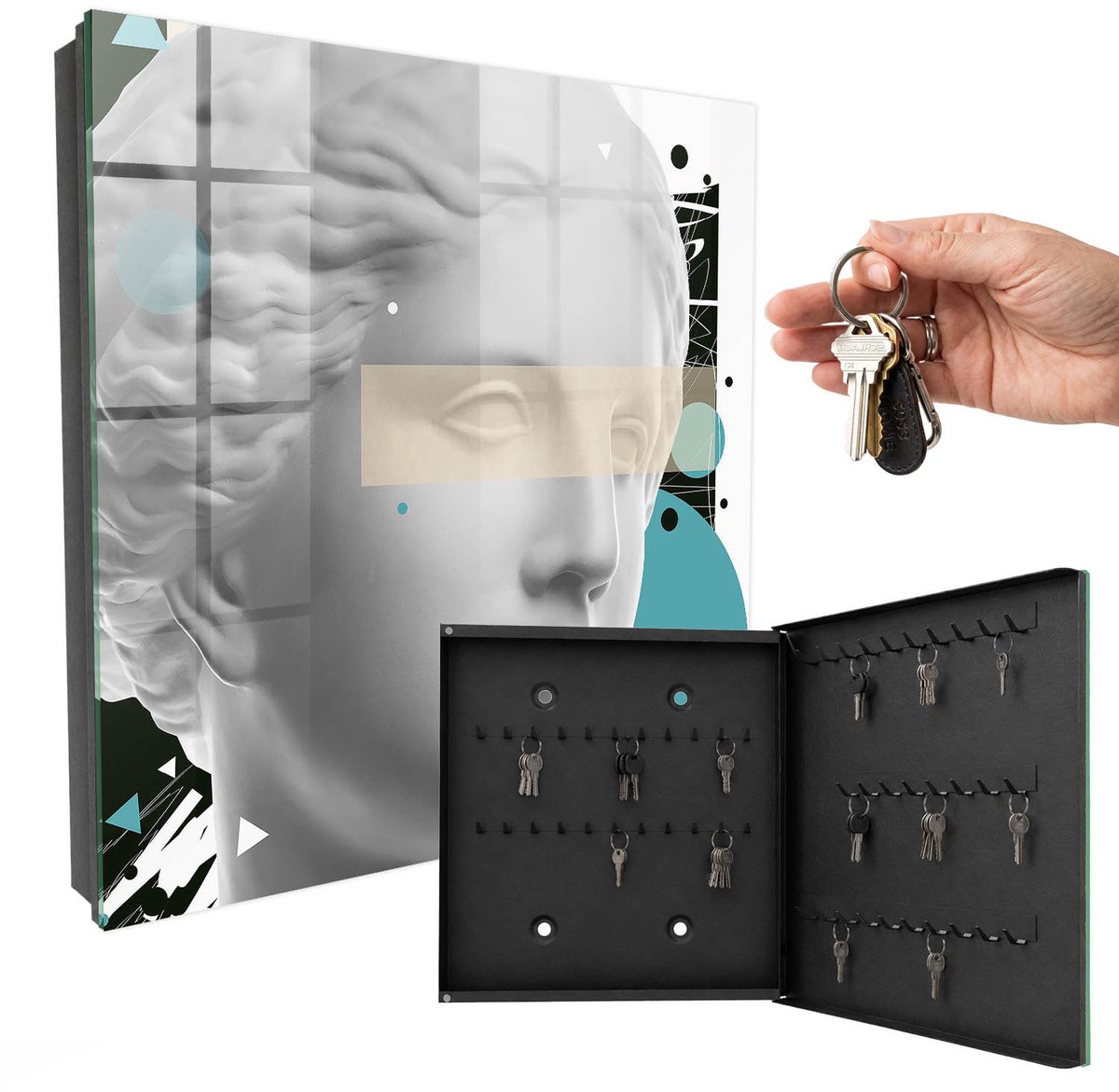 WallMuralia - Sleutelkast - 30x30x5 cm - met 50 haken - Moderne Kunst Sleutelkastje Muur - Wit Sleutelbox - Rechtsopenend - Zwart interieur