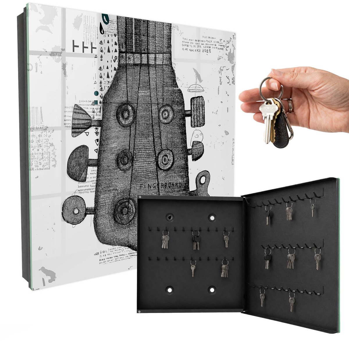 WallMuralia - Sleutelkast - 30x30x5 cm - met 50 haken - Gitaarillustratie Sleutelkastje - Wit Sleutelbox - Rechtsopenend - Zwart interieur