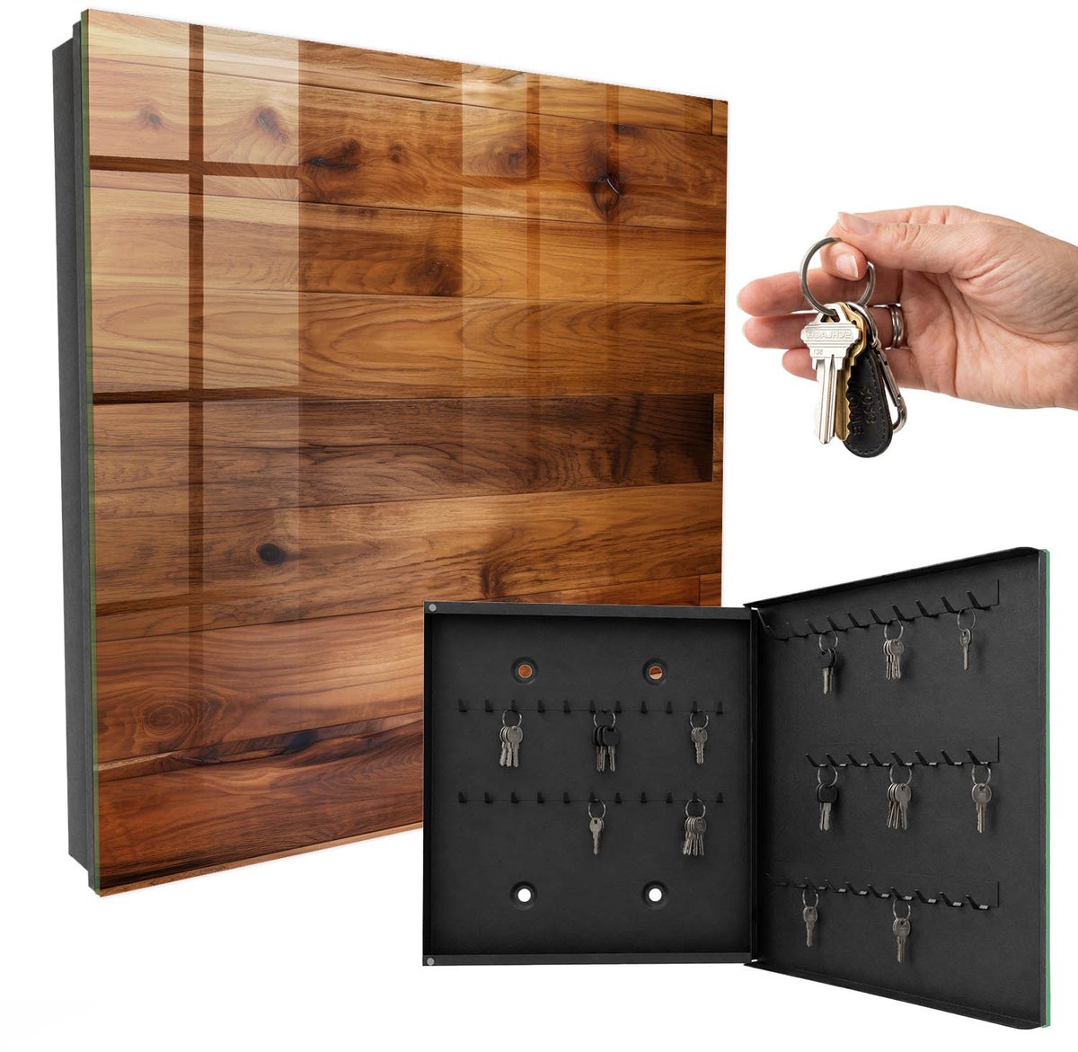 WallMuralia - Sleutelkast - 30x30x5 cm - met 50 haken - Houten Planken Sleutelkastje Voor Binnen - Bruin Sleutelbox - Rechtsopenend - Zwart interieur