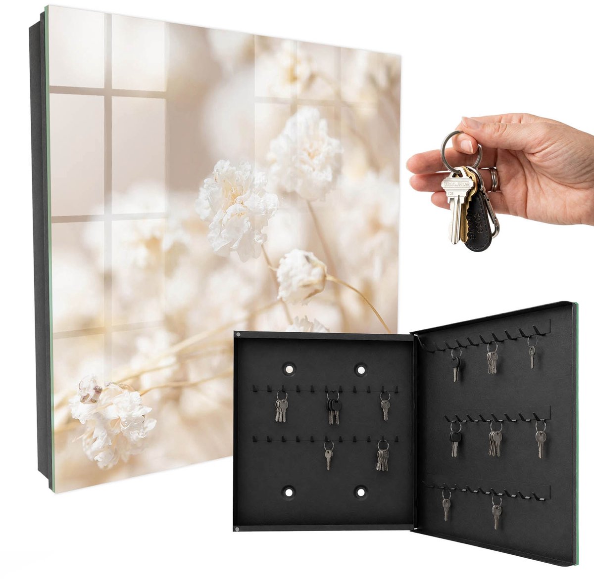 WallMuralia - Sleutelkast - 30x30x5 cm - met 50 haken - Heldere Bloemen Sleutelkastje Gang - Beige Sleutelbox - Rechtsopenend - Zwart interieur