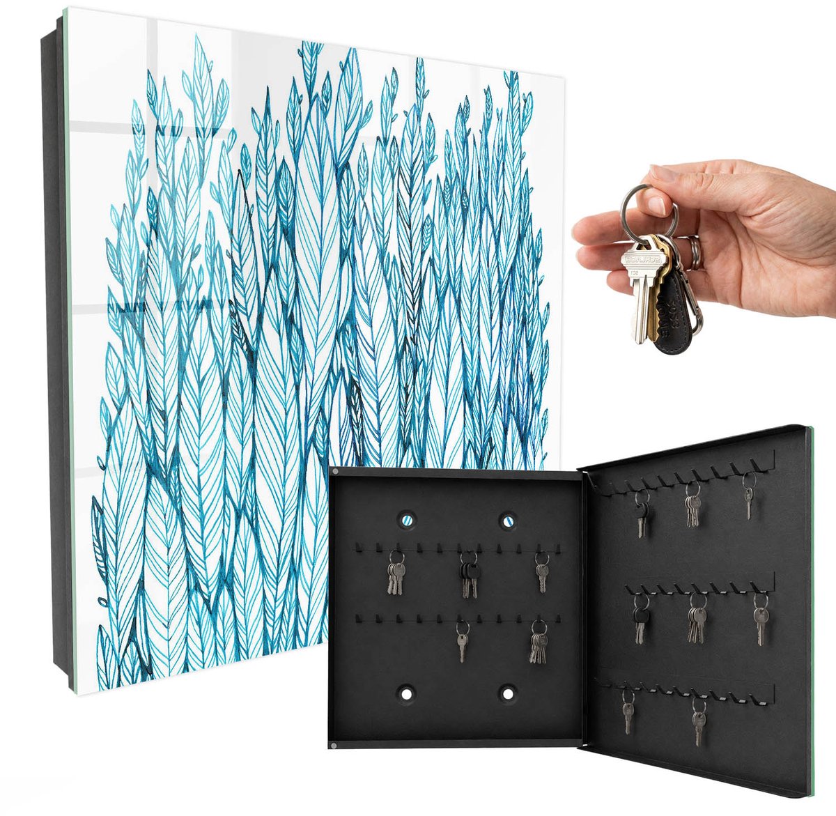 WallMuralia - Sleutelkast - 30x30x5 cm - met 50 haken - Bladrijke Elegantie Sleutelkastje Gang - Blauw Sleutelbox - Rechtsopenend - Zwart interieur