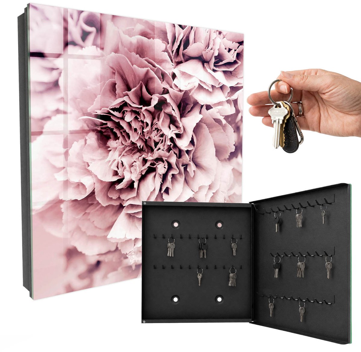 WallMuralia - Sleutelkast - 30x30x5 cm - met 50 haken - Roze Bloem Sleutelkastje Design - Roze Sleutelbox - Rechtsopenend - Zwart interieur