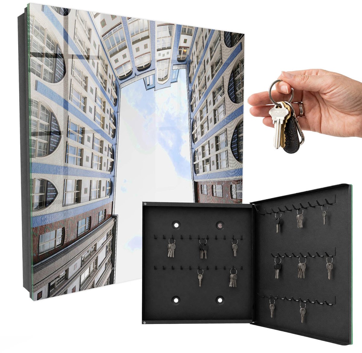 WallMuralia - Sleutelkast - 30x30x5 cm - met 50 haken - Moderne Architectuur Sleutelkastje - Wit Sleutelbox - Rechtsopenend - Zwart interieur